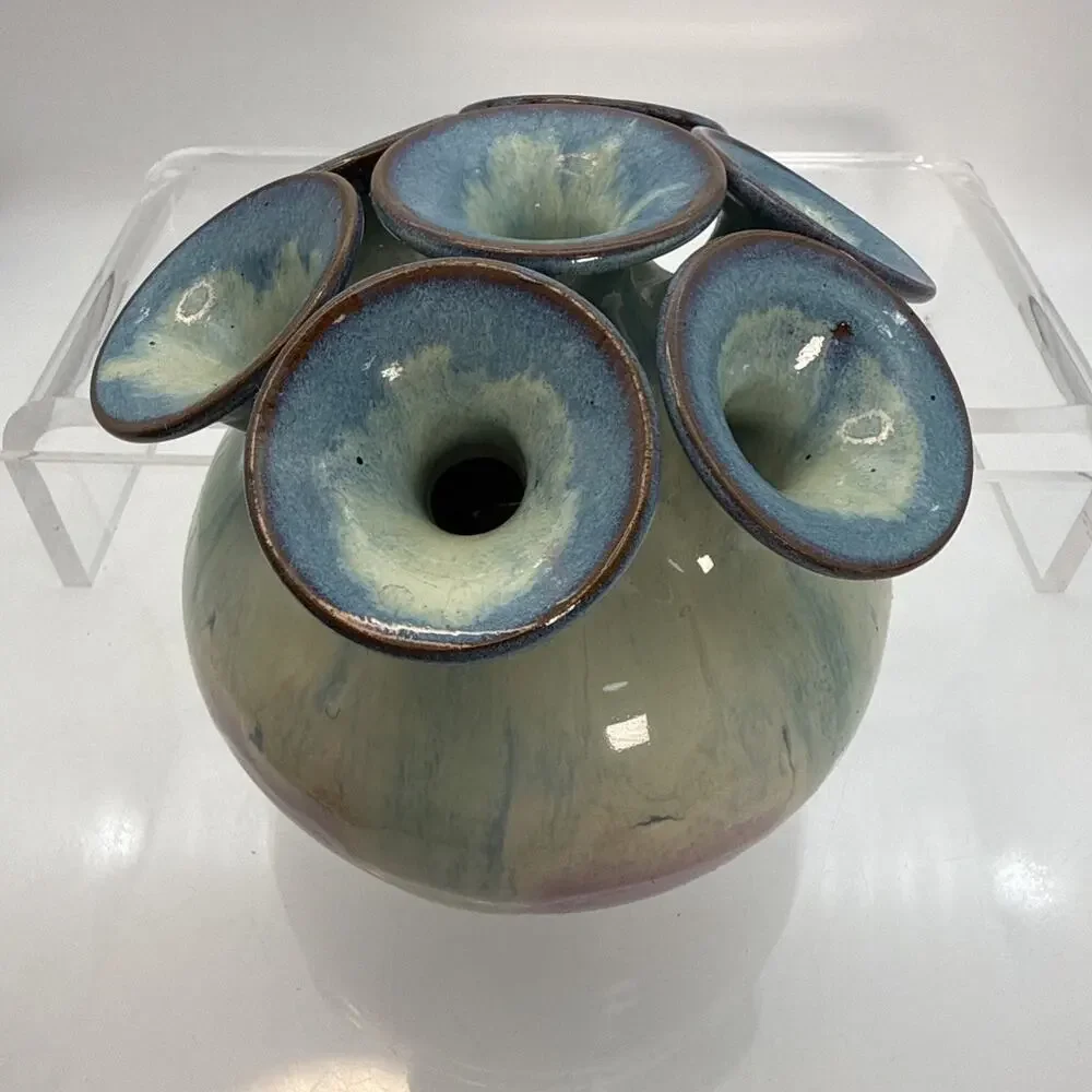 Ikebana Studio Pottery Signed Lee Mid Century Modern 7 Hole Vase Vessel Pastels